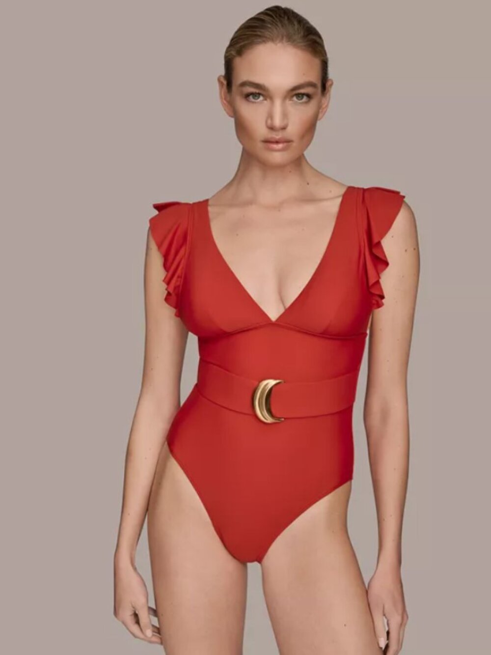 NWT Donna Karan Red Women's Belted Flutter-Sleeve One-Piece Swimsuit Size M